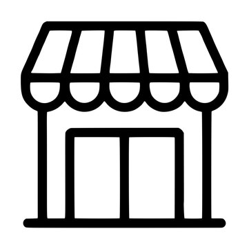 Hand-drawn storefront vector icon illustration featuring a charming small shop facade with classic striped awning, double glass doors, and clean black outline design suitable for retail and business