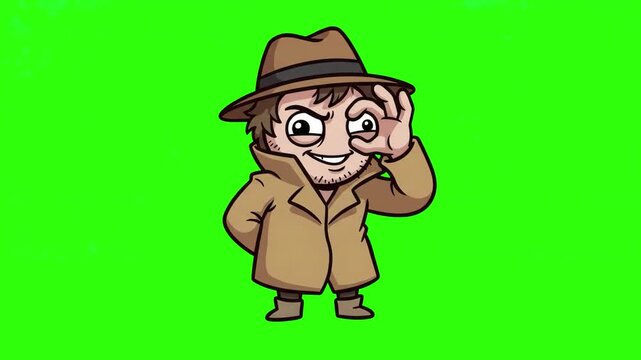 A funny 2D animated detective character in a trench coat and fedora hat, peering suspiciously through a spy hand gesture on a chroma key green screen background. Perfect for comedy cartoons, mystery a