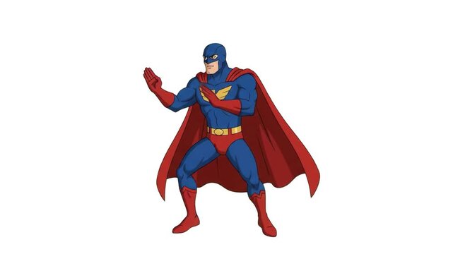 A classic 2D animated male superhero in a blue suit with a red cape and mask, standing in a martial arts fighting pose on an isolated white background. Great for cartoon promo videos, comic book graph