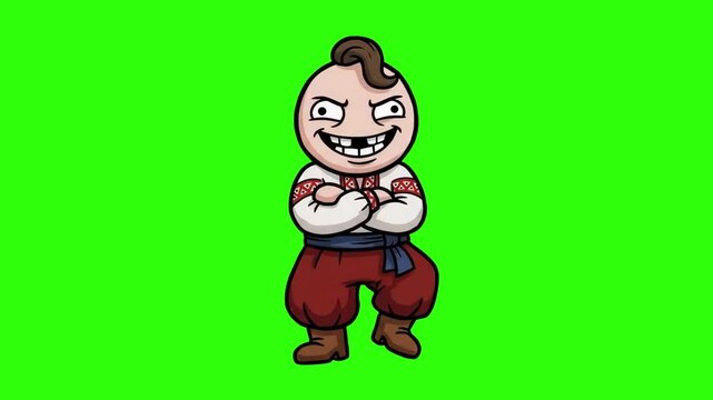 A funny 2D animated Ukrainian Cossack character wearing a traditional embroidered shirt, red sharovary trousers, and a forelock hairstyle, posing confidently on a green screen backdrop. Perfect for cu