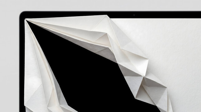 Creative white origami paper art covering a sleek black monitor screen display