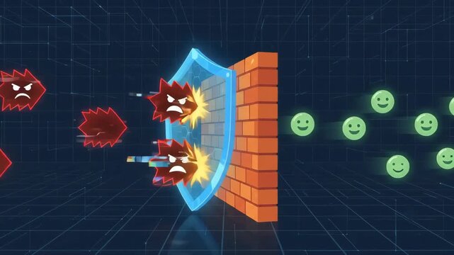 brick firewall blocking angry malware icons from reaching happy digital faces against dark blue background with glowing grid lines representing secure network environment
