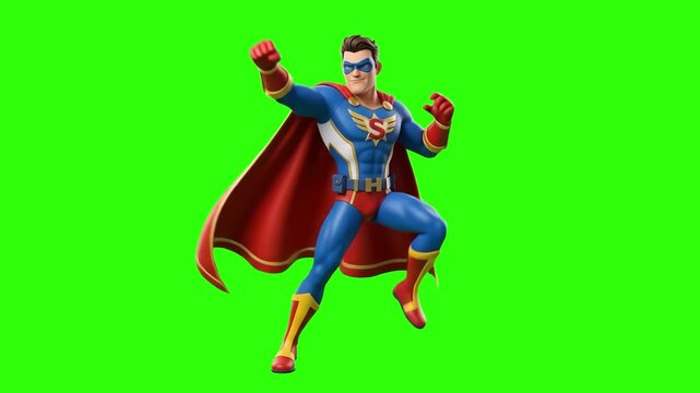 A 3D animated male superhero wearing a suit, red cape, and mask in a dynamic action landing pose against a chroma key green background. Great for comic book videos, superhero promos, gaming trailers, 
