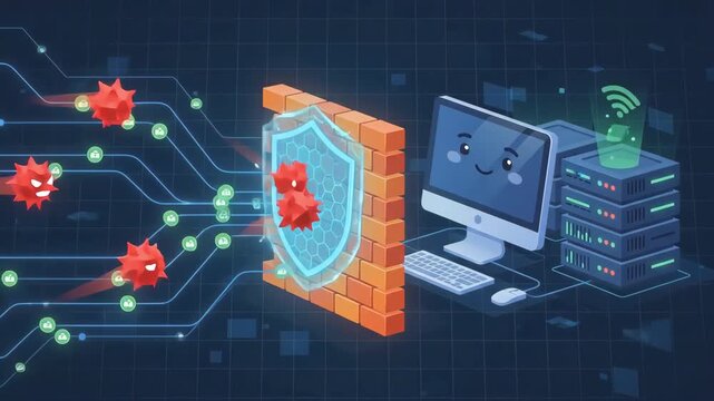 brick wall blocks digital data lines from reaching computer and server rack in dark virtual network environment symbolizing cybersecurity network protection and data filtering concepts