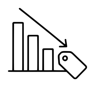 Hand-traced vector illustration depicting a downward trending bar chart with a descending arrow alongside a price tag, symbolizing liquidation, financial decline, and market drop in a minimalist