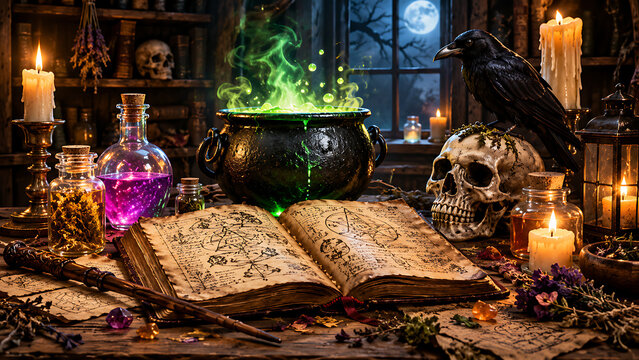 Old magic spell book with glowing green potion and skull on a dark wooden desk