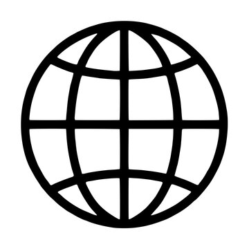 Hand drawn black and white vector illustration of a globe icon with latitude and longitude grid lines representing earth planet world geography climate change environmental concepts minimalist line