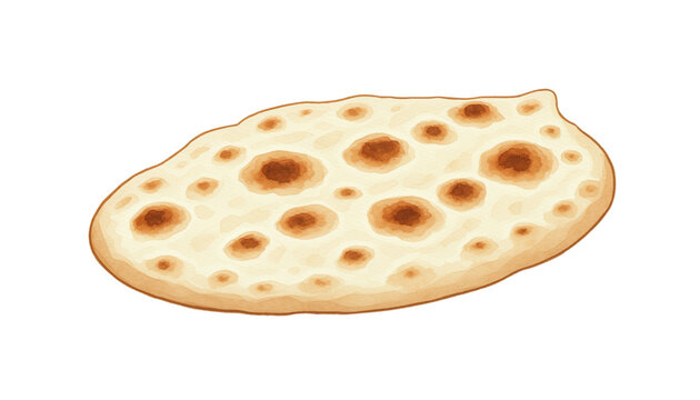 Watercolor illustration of a single indian naan flatbread isolated on transparent background