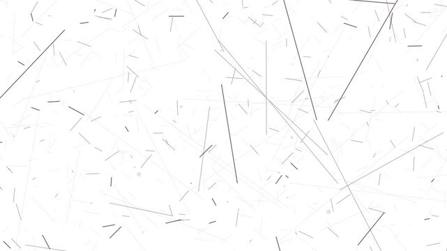 Randomly intersecting thin grey lines and small dots on white background, motion graphic for abstract concept, network data and digital connection visualization