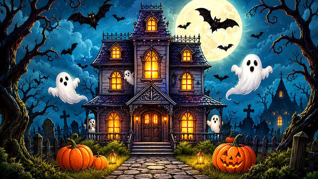 Spooky halloween haunted house at night with glowing pumpkins and flying ghosts