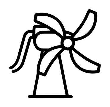Simple black line vector icon of a traditional windmill water pump with rotating blades and tail vane, hand-drawn agricultural illustration on white background for farm and rural design projects