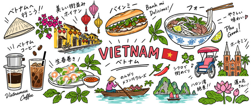 フォーとバインミーのベトナム旅行手描きイラスト集