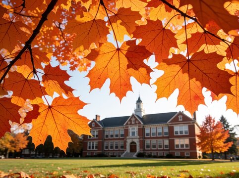 Bright orange maple leaves frame a classic red brick building on a quiet, sunlit autumn campus.