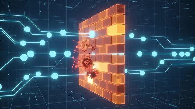 digital brick wall blocking glowing data packets in virtual network environment with menacing red virus icons lurking in the background of the glowing blue cyber grid