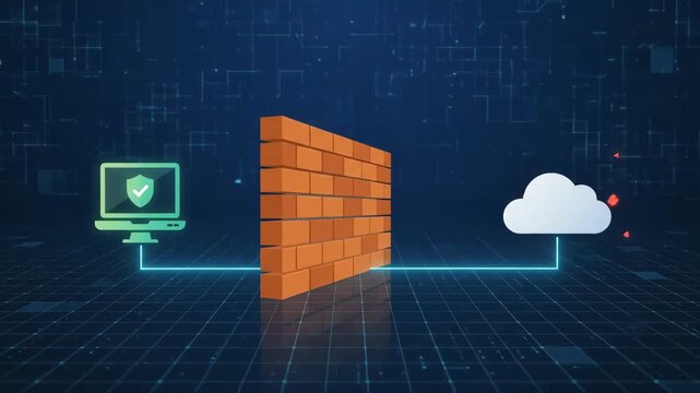 Firewall protecting computer from cloud data against background of glowing blue digital grid lines representing network security and data protection measures in virtual environment