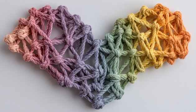 Rainbow heart of knotted yarn