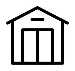 Fototapeta premium Clean minimalist black line art tool shed icon featuring a peaked roof and double doors, ideal for gardening, storage, workshop, outdoor storage facility, and garden building illustrations