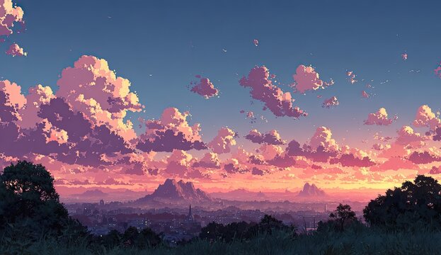 Pixelated landscape at sunset. Lush green trees frame a city nestled in a valley beneath a vibrant pink and purple sky dotted with fluffy clouds