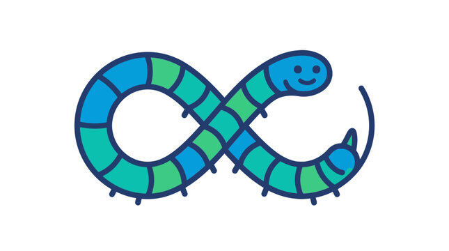 Cartoon caterpillar shaped like an infinity loop representing endless learning and continuous progress.