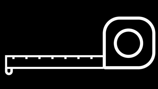White animated line icon of a measuring tape on a black background. Symbolizes construction, engineering, and precision measurement.