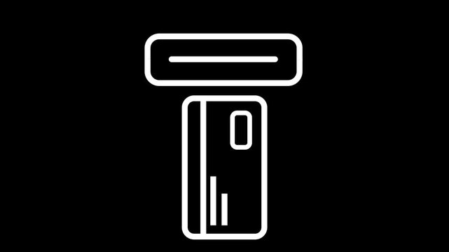 White animated line icon of a credit card inserted into an ATM on a black background. Ideal for banking, finance, and payment concepts.