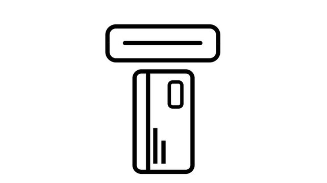 Black animated line icon of a credit card inserted into an ATM on a white background. Ideal for banking, finance, and payment concepts.