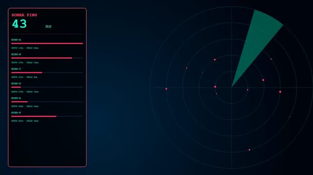 Digital latency visualization appears on a dark monitor screen as neon pink radar grids tracking network signal pulses with glowing circular graphs and statistical bar charts