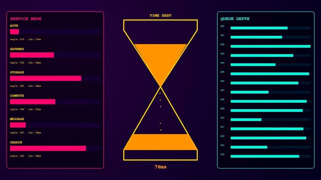 Latency visualization displayed on a screen with glowing hourglass shapes and multiple horizontal bar charts showing fluctuating data metrics in a digital environment for system analysis