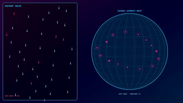 Latency visualization displayed on a digital grid monitor showing moving glowing dots and falling nodes across circular wireframe globes for monitoring global network traffic performance
