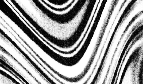 Repeating V-shaped curves create a bold nested monochrome pattern with printed halftone grain.