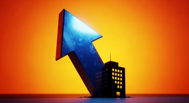 A massive metallic arrow leans heavily against a small, struggling corporate silhouette, symbolizing an intense and overwhelming workload, challenge, professional, scale