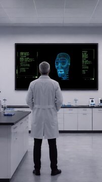Researcher looking at wall monitor