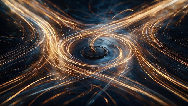 Abstract light trails in golden motion, futuristic fiber optic data flow on dark background, swirling energy lines representing high speed connectivity