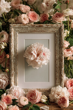 Antique frame with watercolor flower wreath surrounded by pink blooms