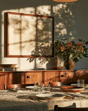 Empty frame sideboard dining room table setting