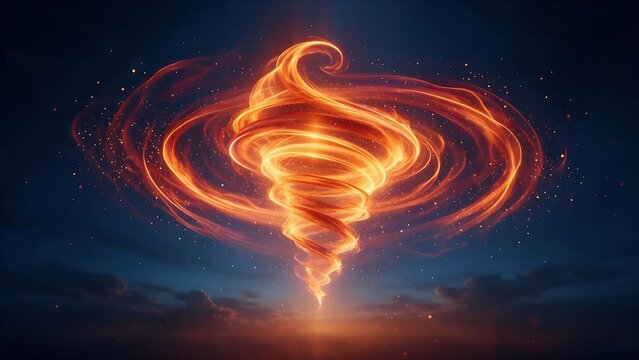 Fiery tornado of swirling orange light, glowing fire vortex against dark night sky, abstract energy spiral with sparkling embers and cosmic dust