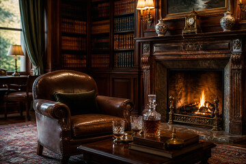 Obraz premium A richly decorated, dimly lit library interior featuring a leather armchair near a fireplace with a warm fire burning.