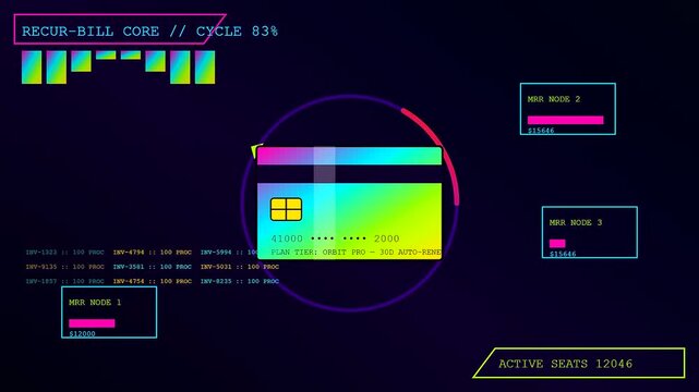 Subscription billing user interface visuals displayed on a dark virtual screen showing payment cycle progress bars and financial data processing in a modern software environment