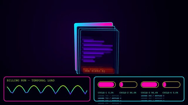 A subscription billing system shows complex financial data processing with dynamic line graphs and scrolling interface lists glowing in neon colors on a dark background