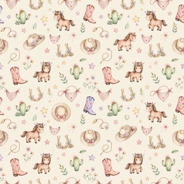 Wild West Cowgirl Seamless Pattern Cute Horse Boots Cactus