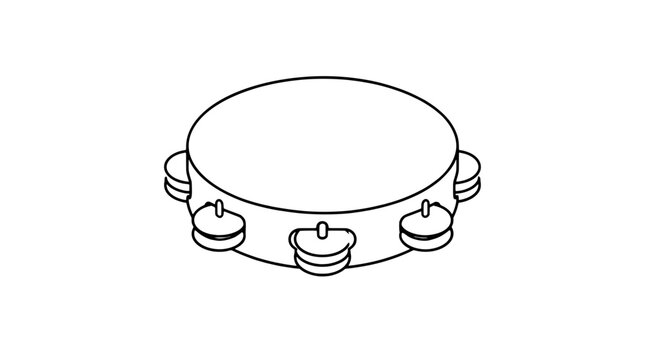 Minimalist hand-drawn black and white tambourine vector icon featuring metal jingle discs, percussion instrument line drawing illustration for music education entertainment and design projects