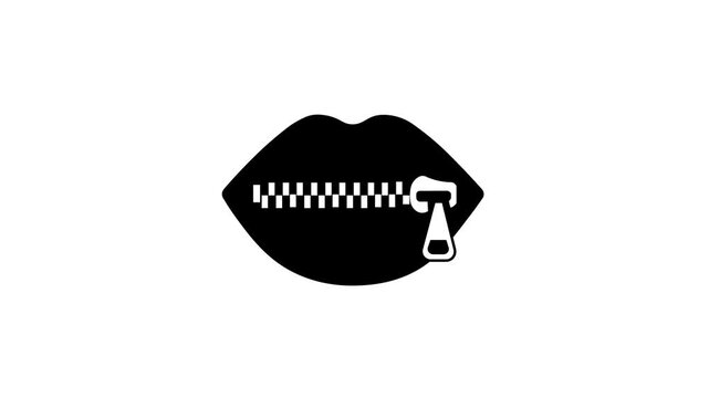 Animation of lips zipped shut, concept of keeping one's mouth shut and guarding a secret, white background, 4K video.