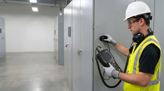 A reliability engineer using a handheld ultrasonic and Transient Earth Voltage (TEV) sensor to scan the external seams and cable entry points of an energized medium-voltage switchgear lineup.