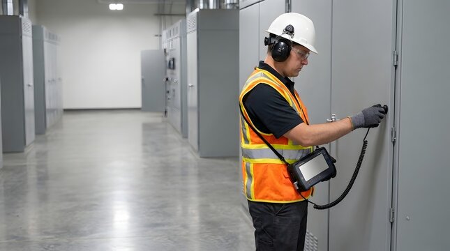 Male Technician Wearing Safety Gear Inspecting Electrical Panel in Industrial Facility