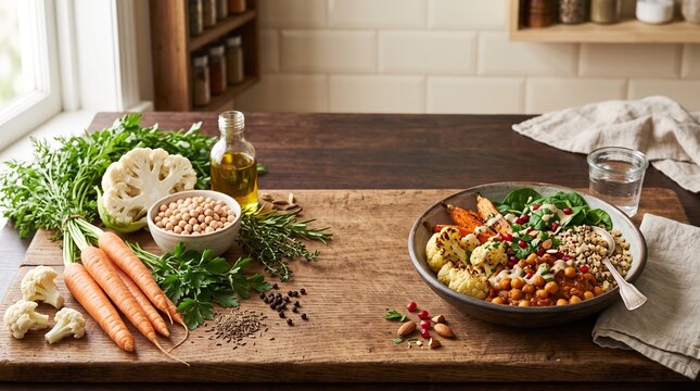 Chickpeas and herbs with colorful plant-based meal on wooden cutting board, World Vegan Day concept    