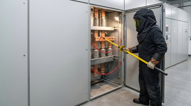 A specialized high-voltage technician using a high-voltage phasing tester to check on isolated bus stab.