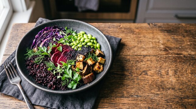 Vegan bowl with dark ingredients and fresh vegetables for World Vegan Day  