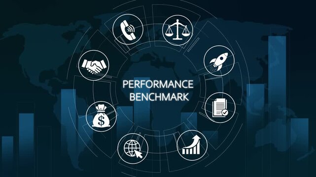 Performance benchmark business infographic with global data analytics and financial growth icons