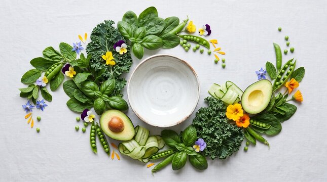 Fresh vegetables and herbs forming a vibrant circle around a bowl  
