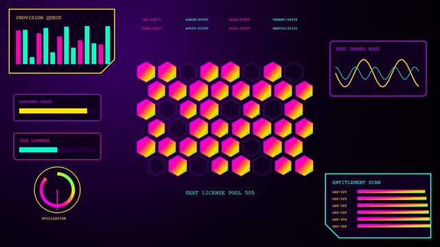 Subscription billing user interface showing dynamic neon hexagonal grid patterns for monitoring digital license usage in a modern software dashboard with glowing vibrant graphical data charts